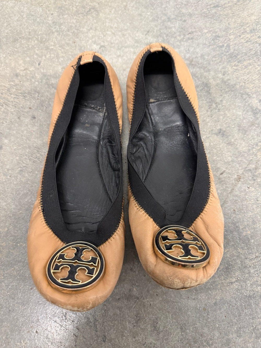 Tory Burch Camel Leather Logo Ballet Flats